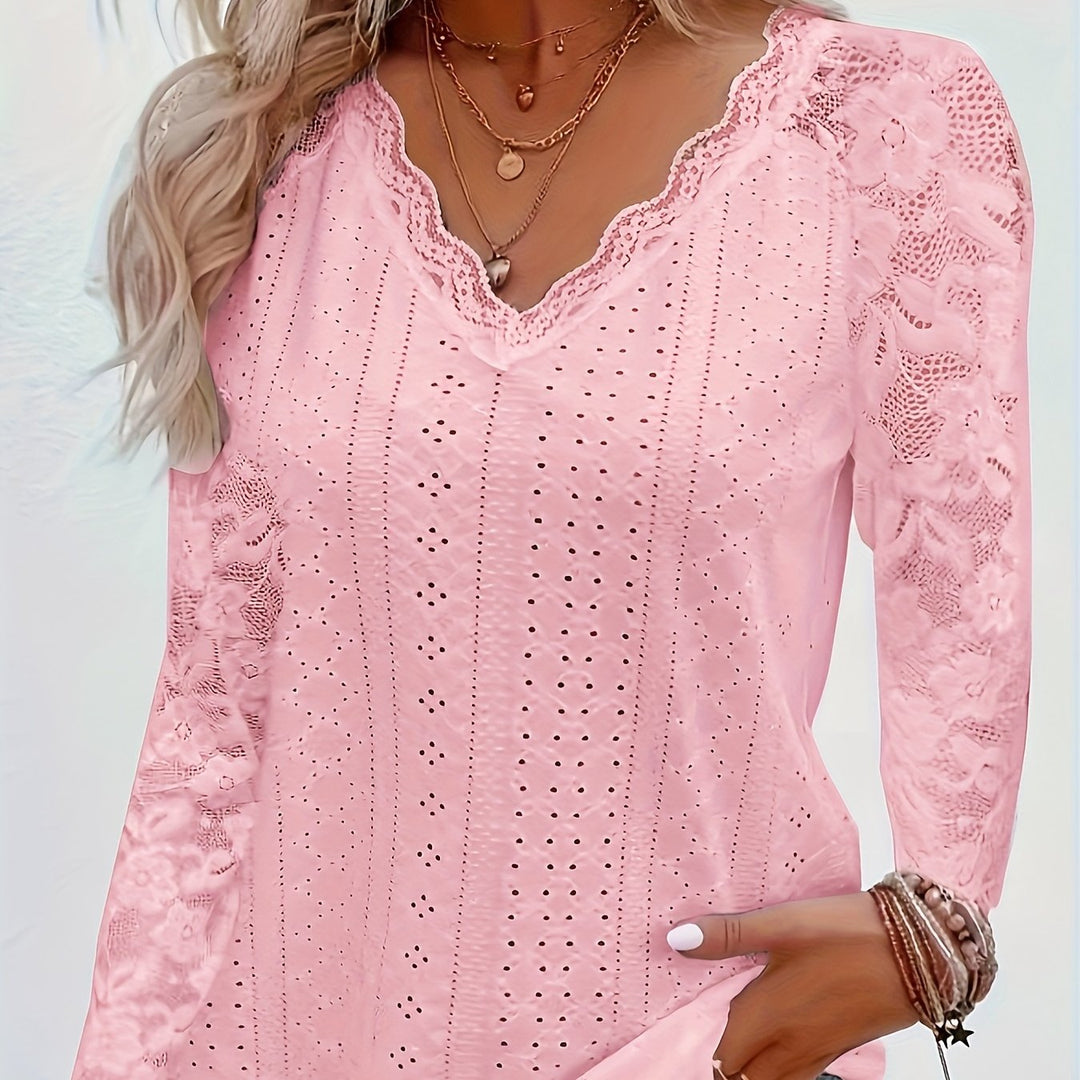 Contrast Lace V-neck Eyelet T-Shirt, Elegant Long Sleeve T-Shirt For Spring & Fall, Women's Clothing