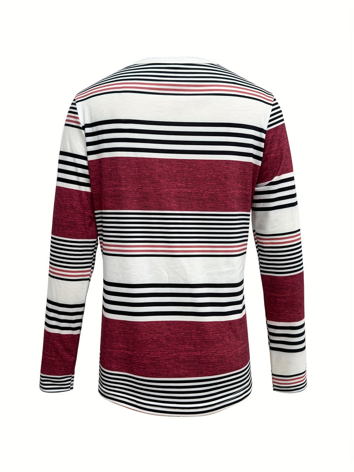 Elegant Women's Striped Long Sleeve T-Shirt with Chic Button Detail - Crew Neck, Comfort Fit, Machine Washable - Perfect for Daily Wear