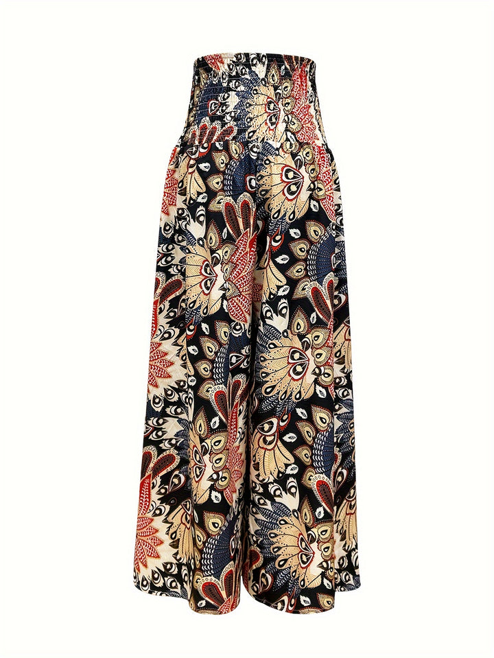 Vibrant Boho Floral Print High Waist Shirred Waist Pants - Soft, Breathable, Comfortable, Versatile, and Flattering - Perfect for Spring and Summer, Womens Casual Clothing, Ideal for Outdoor Activities and Daily Wear