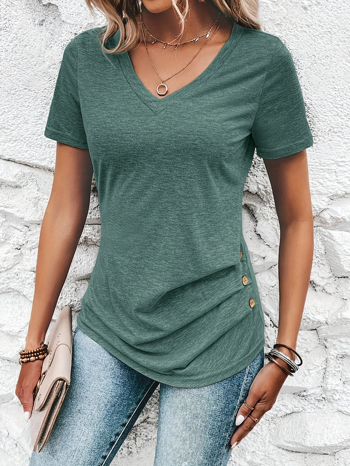 Chic Green V-Neck T-Shirt with Decorative Buttons - Casual Short Sleeve Top, Polyester & Spandex Blend, Machine Washable - Perfect for Spring/Summer/Fall