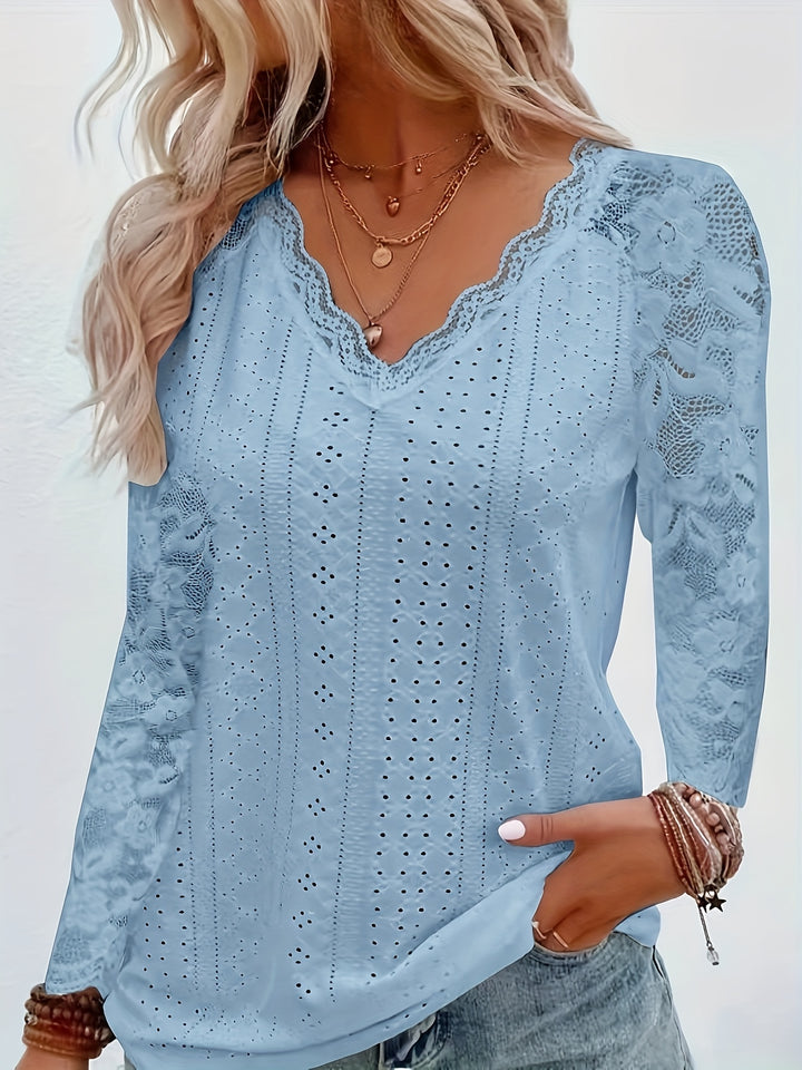 Contrast Lace V-neck Eyelet T-Shirt, Elegant Long Sleeve T-Shirt For Spring & Fall, Women's Clothing