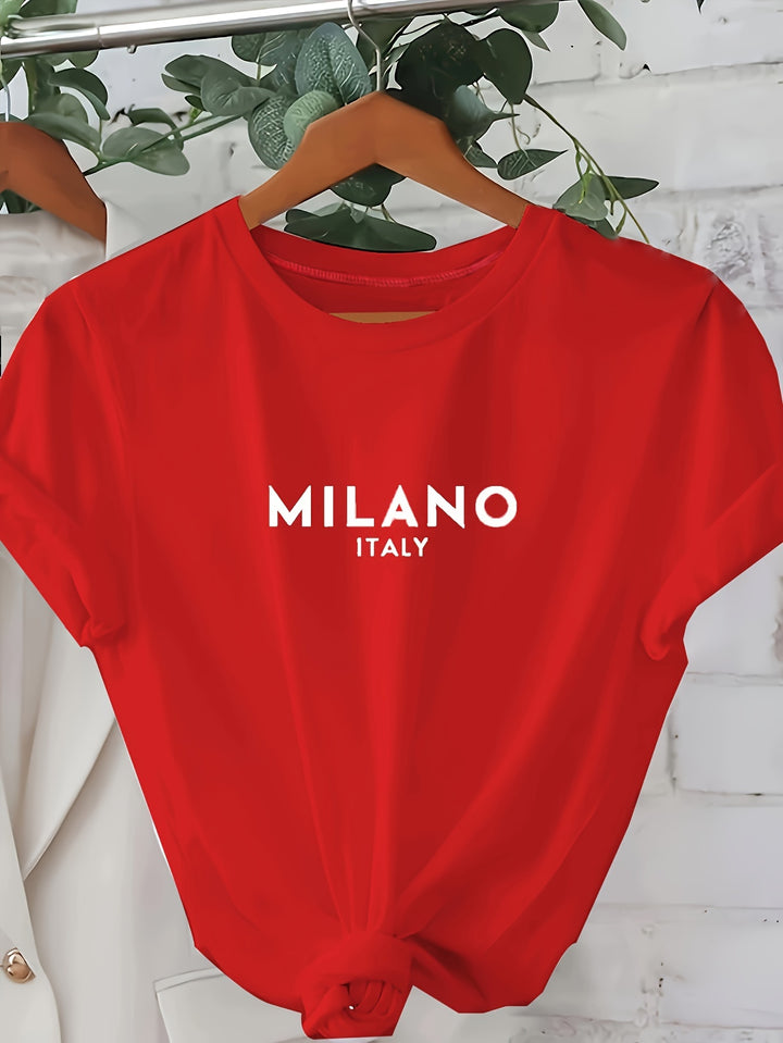 Milano Letter Print T-shirt, Casual Crew Neck Short Sleeve Top For Spring & Summer, Women's Clothing