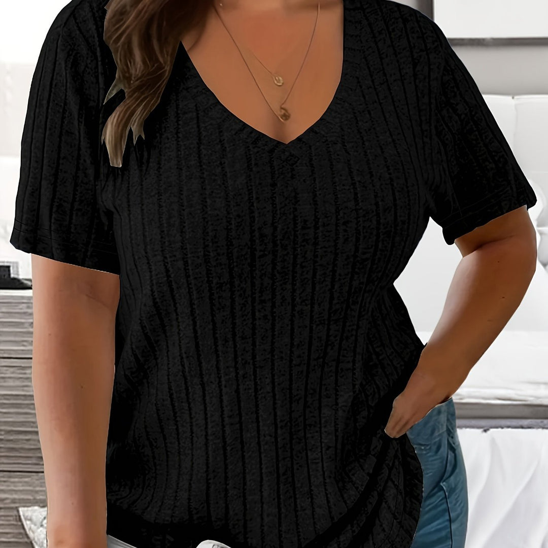 Plus Size Solid Ribbed T-Shirt, Casual V Neck Short Sleeve T-Shirt, Women's Plus Size Clothing