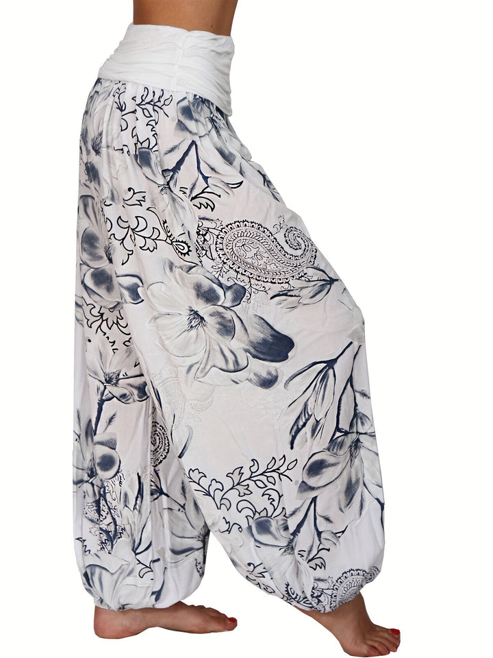 Boho Chic Floral Print Harem Pants - High Waist, Baggy & Flowy - Perfect for Summer Vacations - Womens Fashion Must-Have