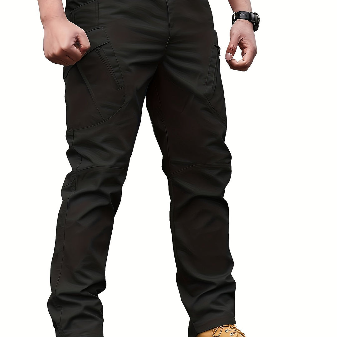 Men's Tactical Pants with Multiple Pockets, Solid Color Polyester, Machine Washable - All Seasons