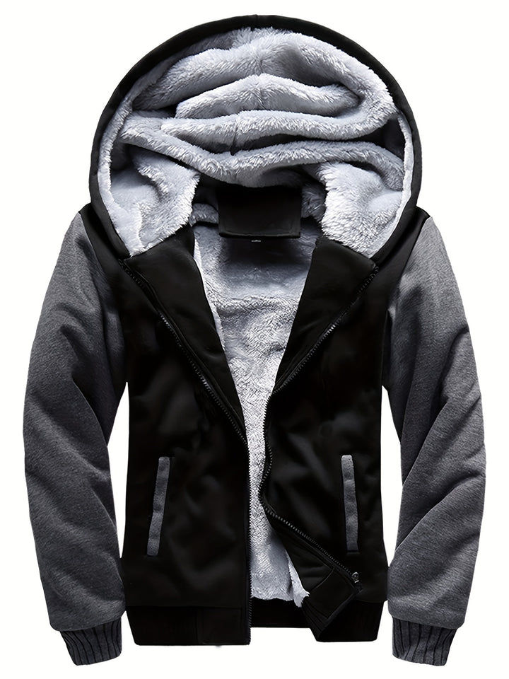 Winter Fleece Thickened Solid Color Hooded Cardigan Sweatshirt Men's Jacket