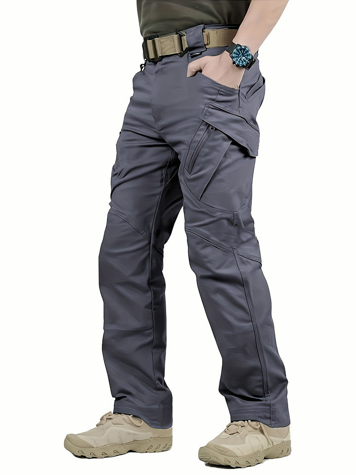 Men's Tactical Pants with Multiple Pockets, Solid Color Polyester, Machine Washable - All Seasons