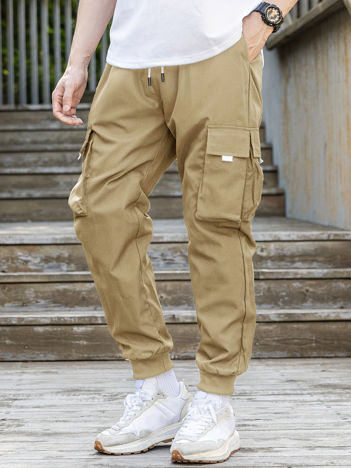 Loose Men's Comfy Cargo Pants With Flap Pockets, Drawstring Jogger Pants