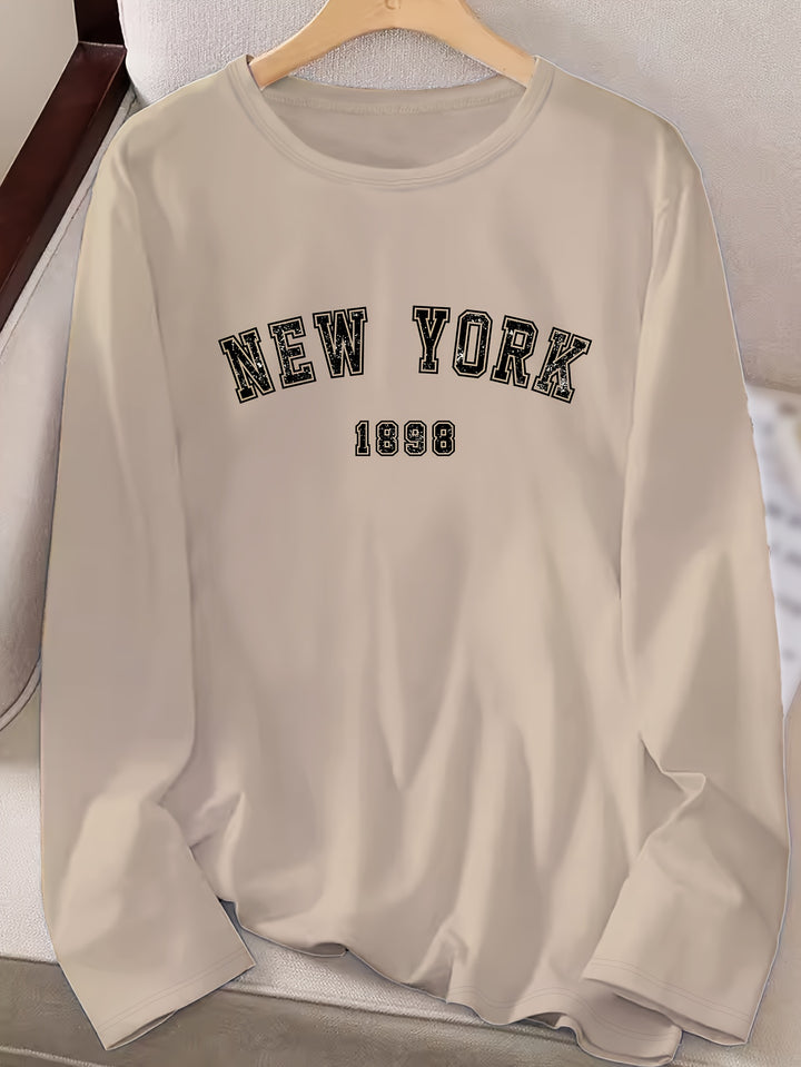 New York Print Crew Neck T-shirt, Casual Long Sleeve Top For Spring & Fall, Women's Clothing