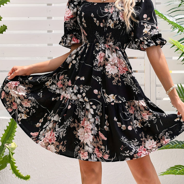 Floral Print Square Neck Shirred Dress, Elegant Short Sleeve Ruffle Hem A-line Dress for Spring & Summer, Women's Clothing