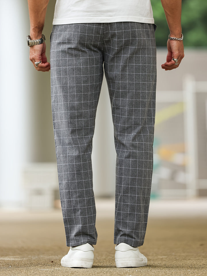 Men's Casual Striped Plaid Pants - Polyester, Drawstring Waist, Perfect for Spring/Fall