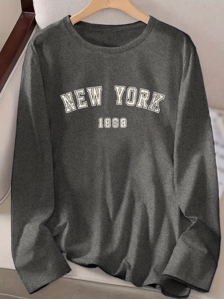 New York Print Crew Neck T-shirt, Casual Long Sleeve Top For Spring & Fall, Women's Clothing