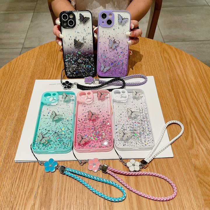 Gradually Sparkling Starry Sky Pink For IPhone 15 15Pro 15Plus 15Promax 14Pro 14Plus 14Promax 13 13Pro 13Promax 12 12Pro 12Promax 11Promax 11 Flash Rhinestone Butterfly Graphic Phone Case With Hanging Strap