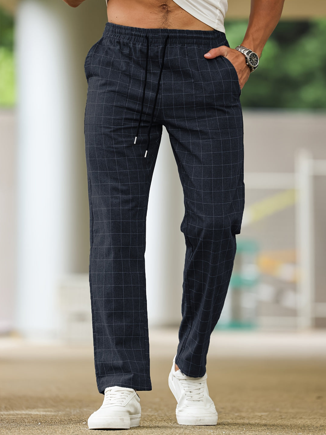 Men's Casual Striped Plaid Pants - Polyester, Drawstring Waist, Perfect for Spring/Fall