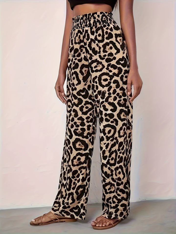 Leopard Print Elastic Waist Wide Leg Pants, Casual & Versatile High Waist Pants For Spring & Summer, Women's Clothing