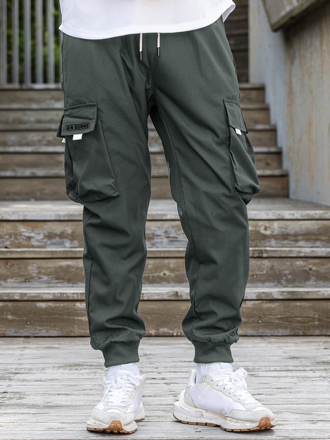 Loose Men's Comfy Cargo Pants With Flap Pockets, Drawstring Jogger Pants