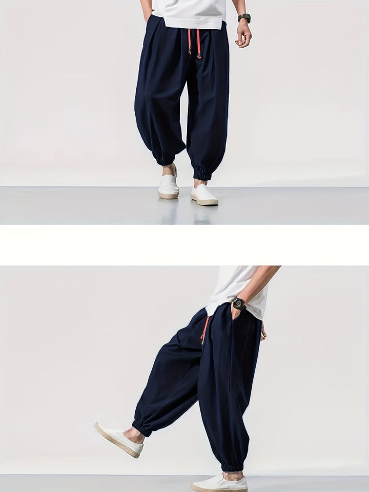 Men's Casual Solid Comfy Harem Pants With Drawstring, Hip Hop Style Trousers For Spring And Autumn