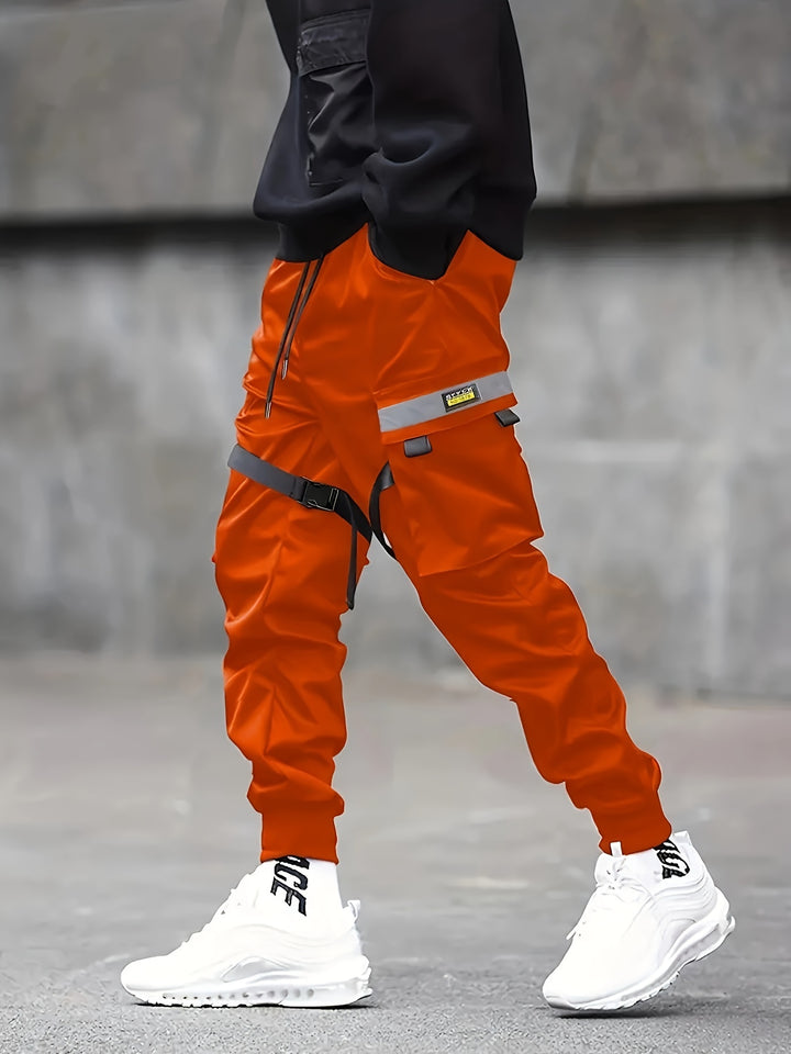 Multi-Pocket Cargo Pants for Men - Loose Fit, Non-Stretch Polyester Fabric, Braid Details, All-Season Outdoor Trousers with Print Pattern, Casual Hip Hop Style, Regular Length, and Woven Weaving Method