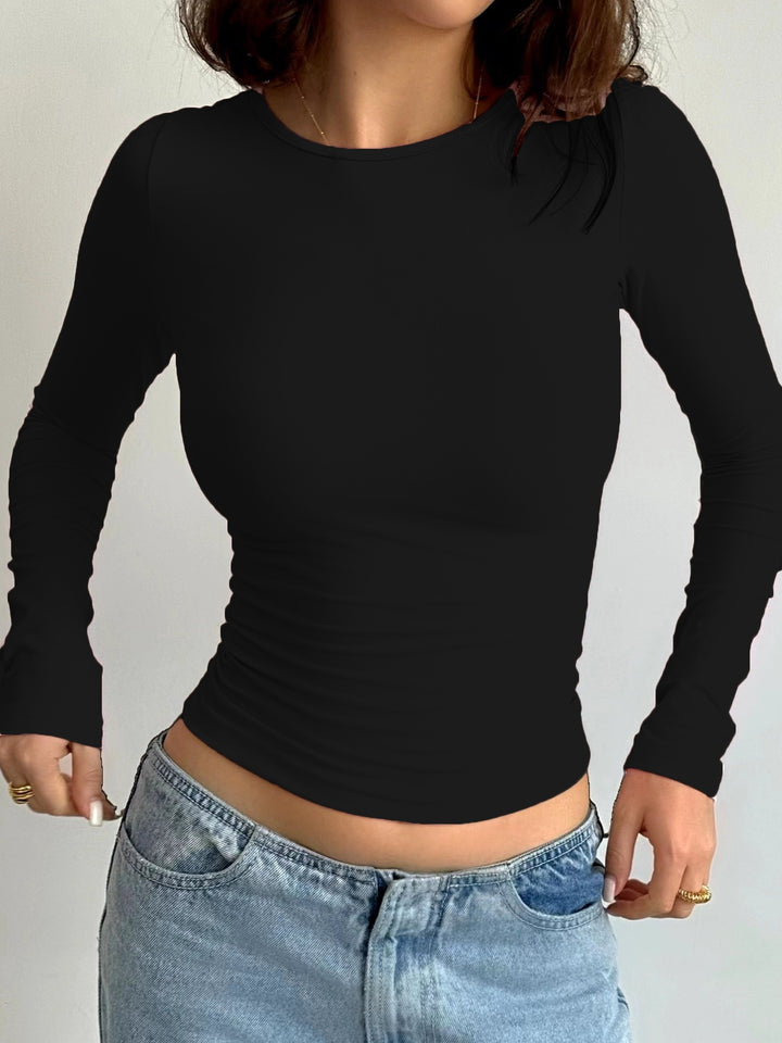 Solid Crew Neck T-Shirt, Casual Long Sleeve Top For Spring & Fall, Women's Clothing