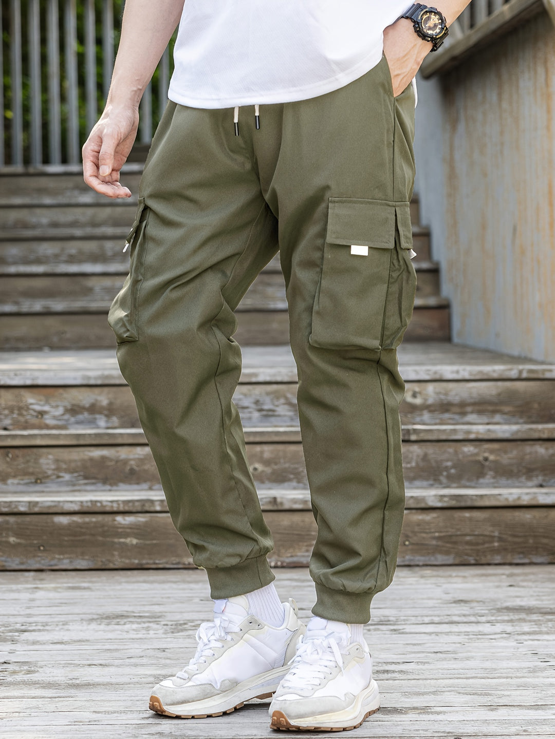 Loose Men's Comfy Cargo Pants With Flap Pockets, Drawstring Jogger Pants