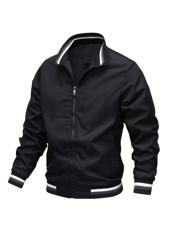 Stripe Edge Bomber Jacket, Men's Casual Stand Collar Zip Up Jacket For Spring Summer Outdoor