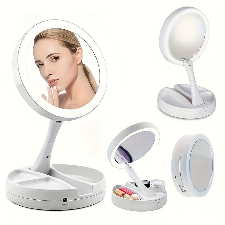 Foldable LED Vanity Mirror – 1X/10X Magnification with Storage