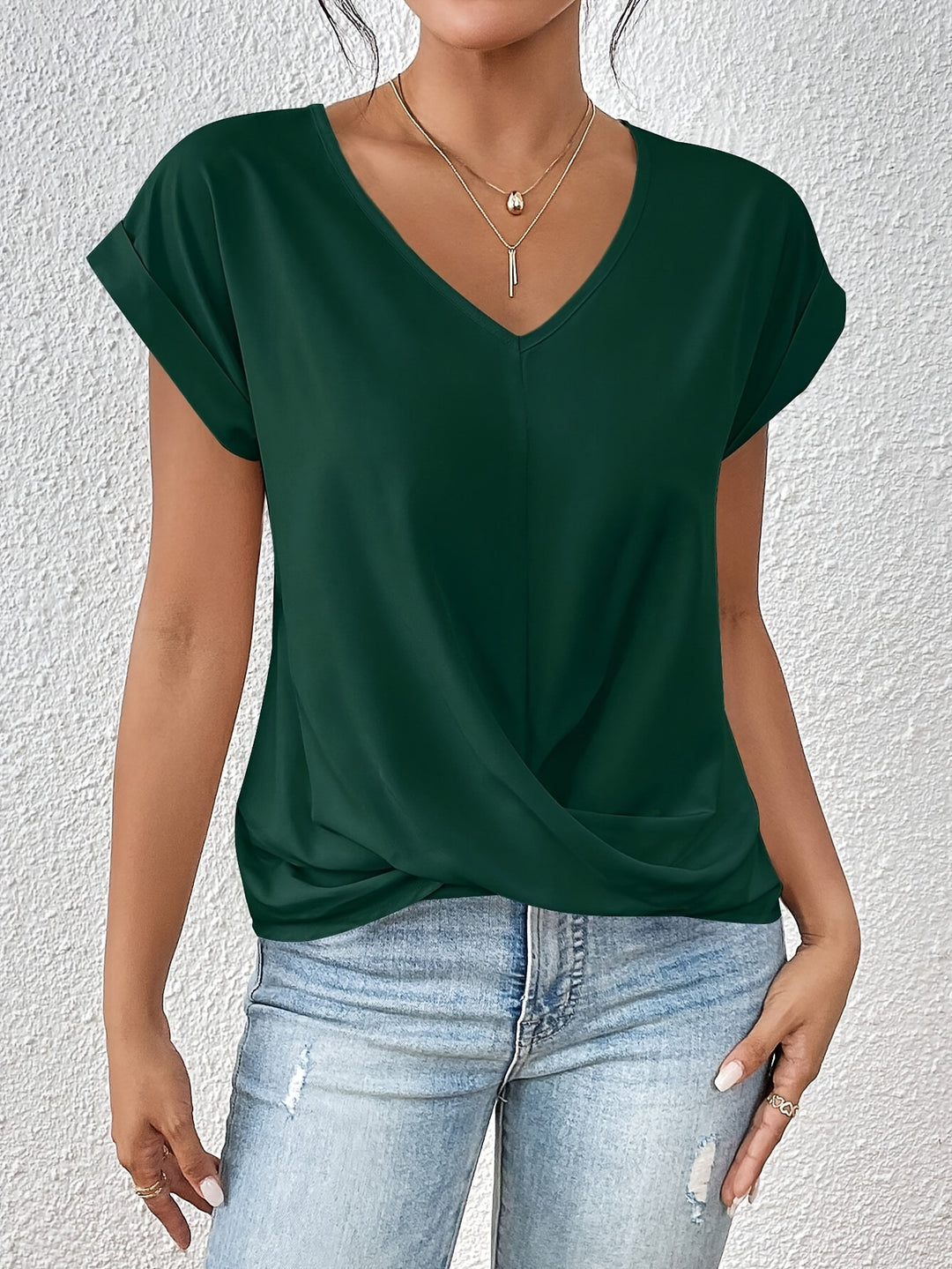 Knot V Neck T-Shirt, Casual Short Sleeve T-Shirt For Spring & Summer, Women's Clothing