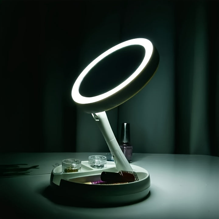 Foldable LED Vanity Mirror – 1X/10X Magnification with Storage