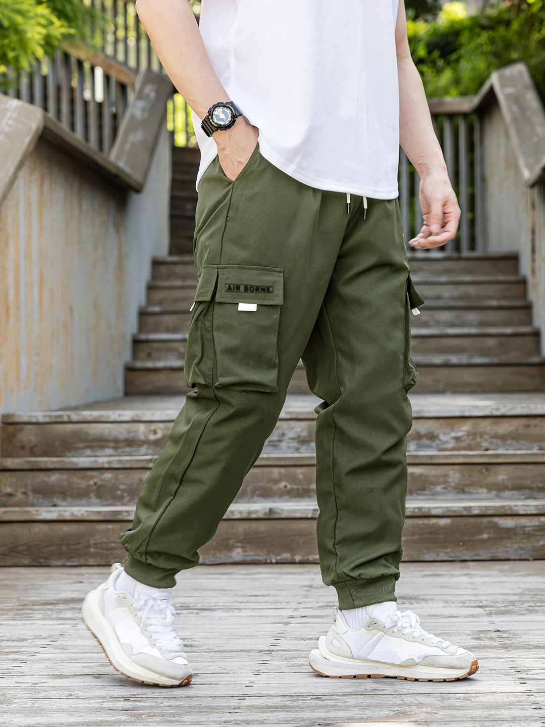 Loose Men's Comfy Cargo Pants With Flap Pockets, Drawstring Jogger Pants