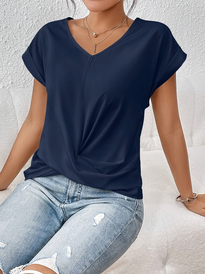 Knot V Neck T-Shirt, Casual Short Sleeve T-Shirt For Spring & Summer, Women's Clothing