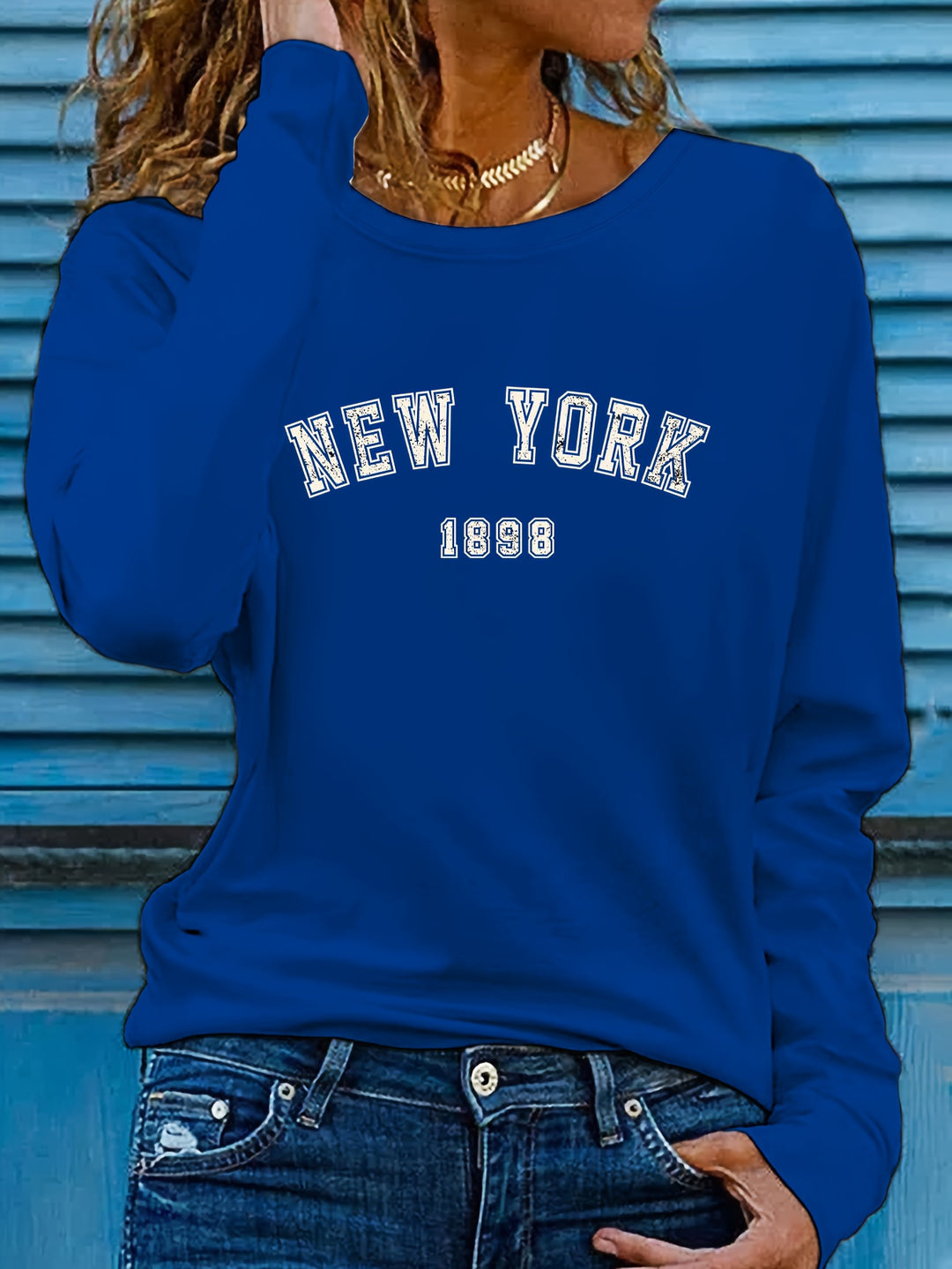 New York Print Crew Neck T-shirt, Casual Long Sleeve Top For Spring & Fall, Women's Clothing