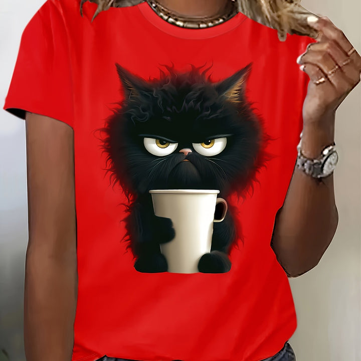 Vibrant Cat Pop Art Print Short Sleeve Crew Neck T-shirt - Soft Mid-Elasticity Polyester Knit Fabric, Regular Length, Casual Summer Top for Women - Perfect for Spring and Summer Outings