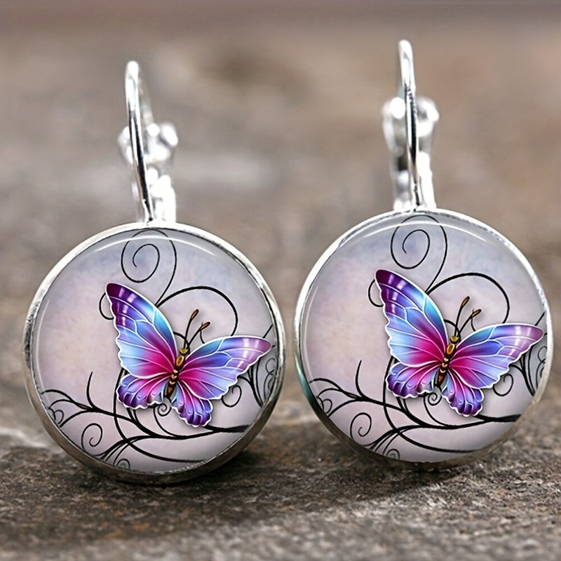 Vintage Time Gemstone Glass Earrings Sunflower Tree Butterfly Pattern Ear Jewelry