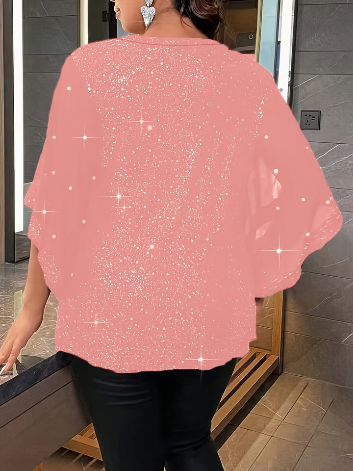 Plus Size Shiny Solid Beaded Top, Casual Crew Neck Irregular Sleeve Top For Spring & Summer, Women's Plus Size Clothing