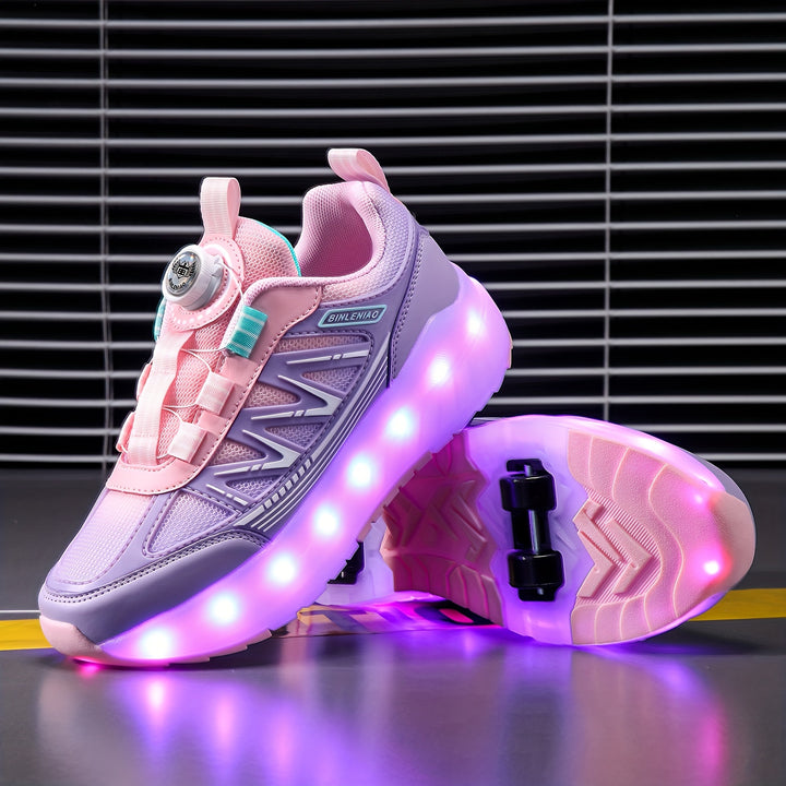 Girls' Dual-Purpose LED Light-Up Roller Skate Shoes with 16 Flashing Modes, Pink & Purple - Casual & Outdoor Sneakers with Rotary Buckle, Breathable Fabric, Low Top, Lightweight EVA/TPR Sole for Hiking, Daily Wear - All-Seaso