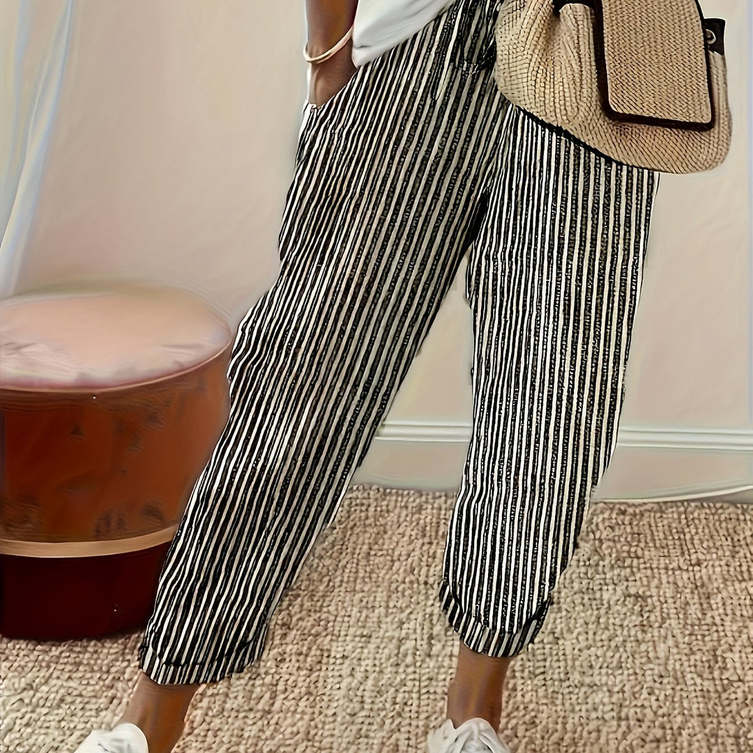 Womens Breathable Striped Drawstring Pants - Lightweight Pocketed Spring/Summer Casual Wear