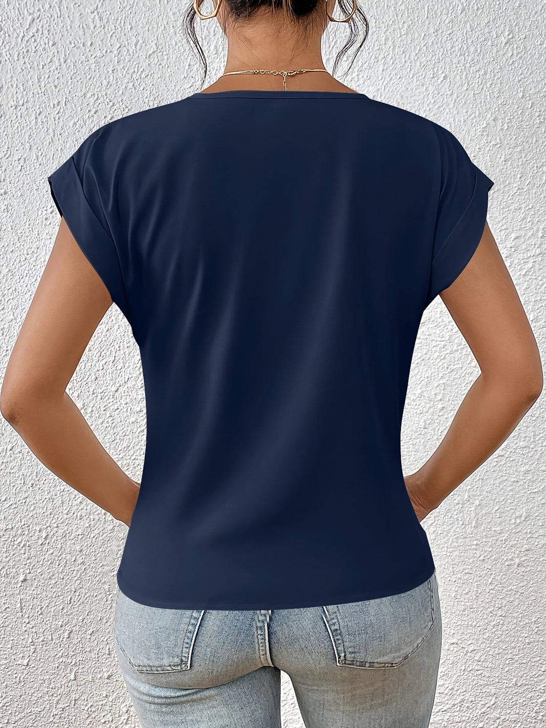 Knot V Neck T-Shirt, Casual Short Sleeve T-Shirt For Spring & Summer, Women's Clothing