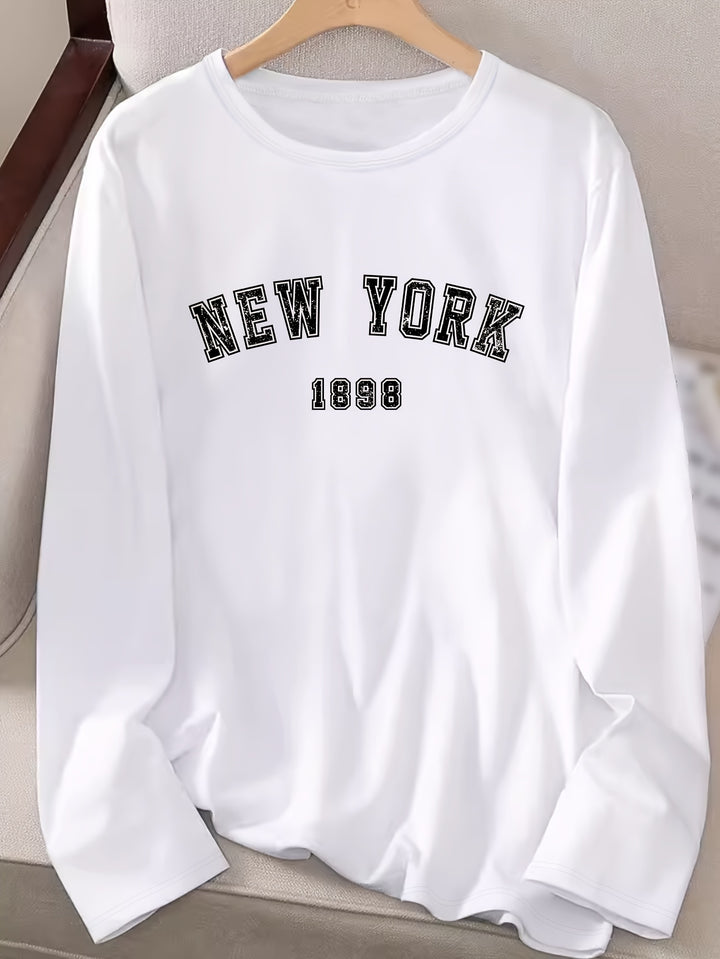 New York Print Crew Neck T-shirt, Casual Long Sleeve Top For Spring & Fall, Women's Clothing