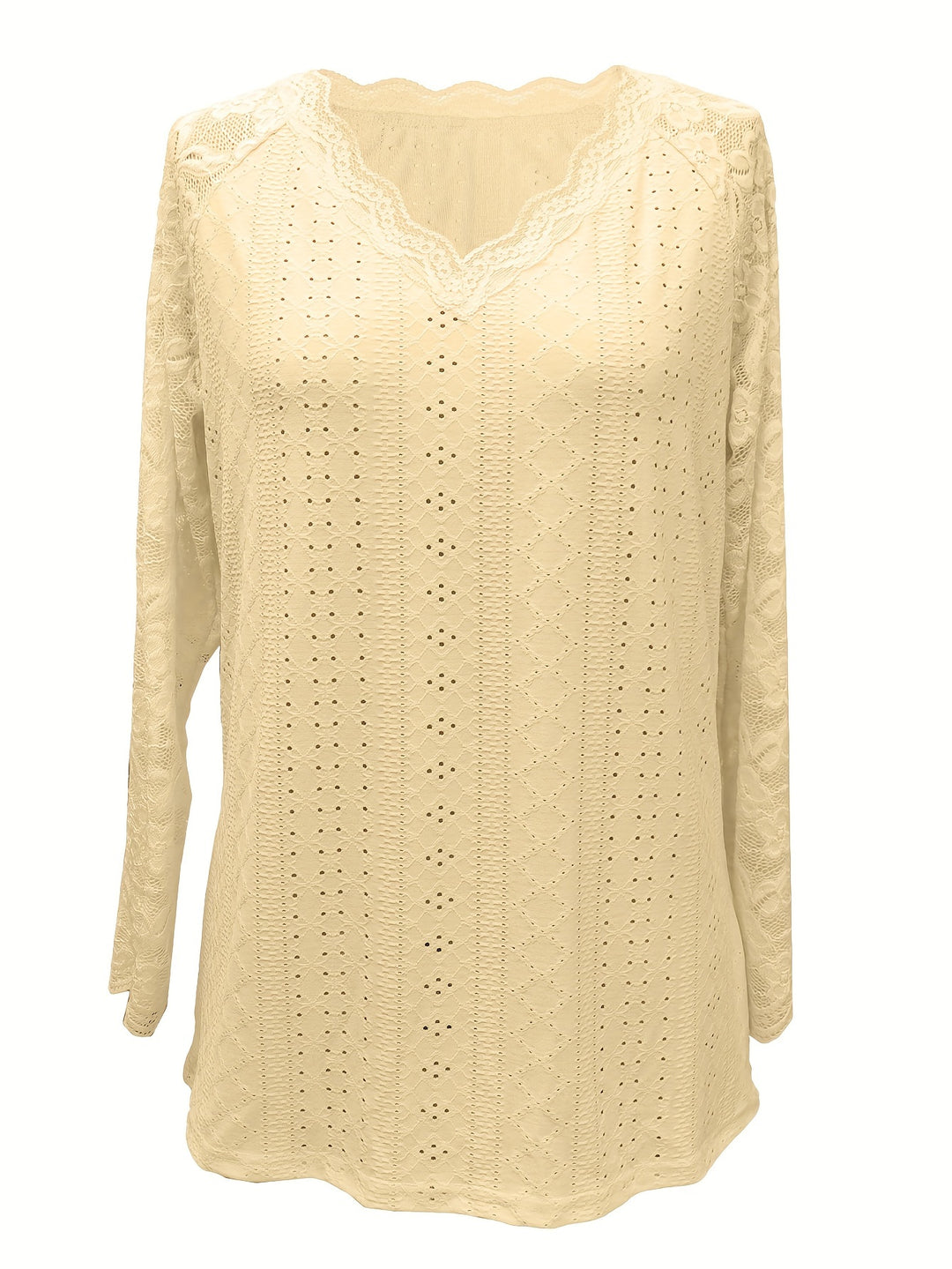 Contrast Lace V-neck Eyelet T-Shirt, Elegant Long Sleeve T-Shirt For Spring & Fall, Women's Clothing