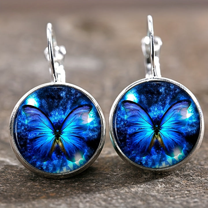 Vintage Time Gemstone Glass Earrings Sunflower Tree Butterfly Pattern Ear Jewelry