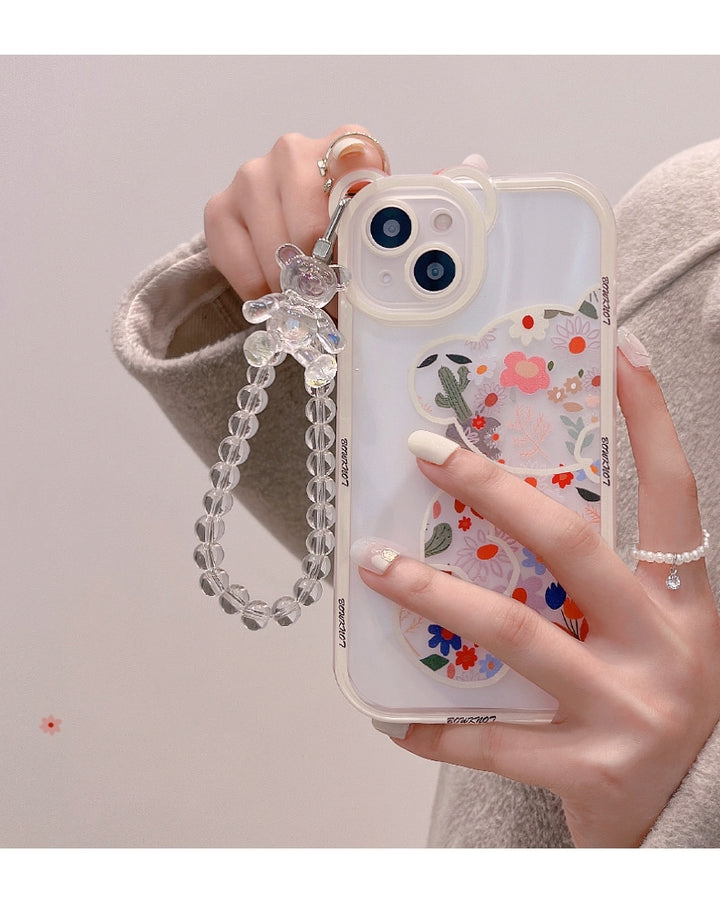 Cute Cartoon Bear & Flower Pattern Phone Case with Bead Bracelet for iPhone 13/11/14 Pro Max/12 XR/XS/7/8 Plus SE 2020/2022 SE/Mini 2022