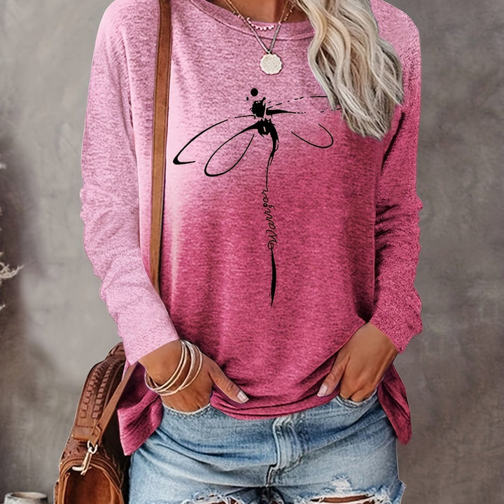 Dragonfly Print Crew Neck Pullover Sweatshirt, Casual Long Sleeve Sweatshirt For Spring & Fall, Women's Clothing