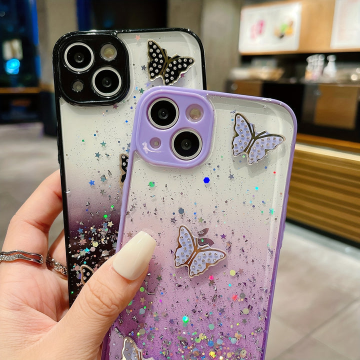 Gradually Sparkling Starry Sky Pink For IPhone 15 15Pro 15Plus 15Promax 14Pro 14Plus 14Promax 13 13Pro 13Promax 12 12Pro 12Promax 11Promax 11 Flash Rhinestone Butterfly Graphic Phone Case With Hanging Strap