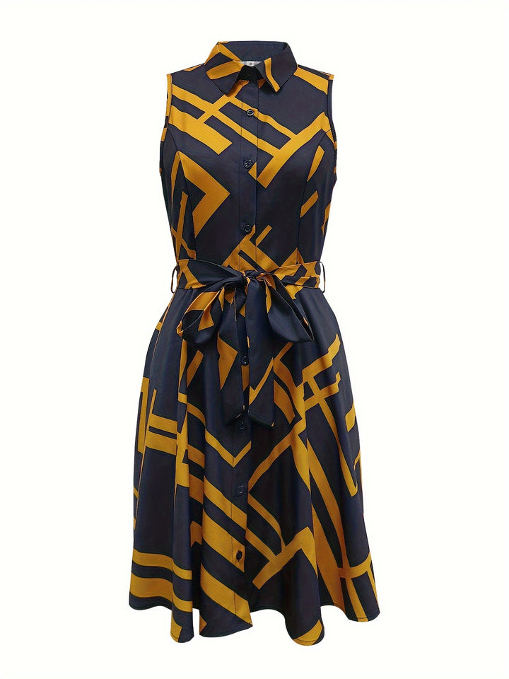 Abstract Print Sleeveless Dress – Tie-waist