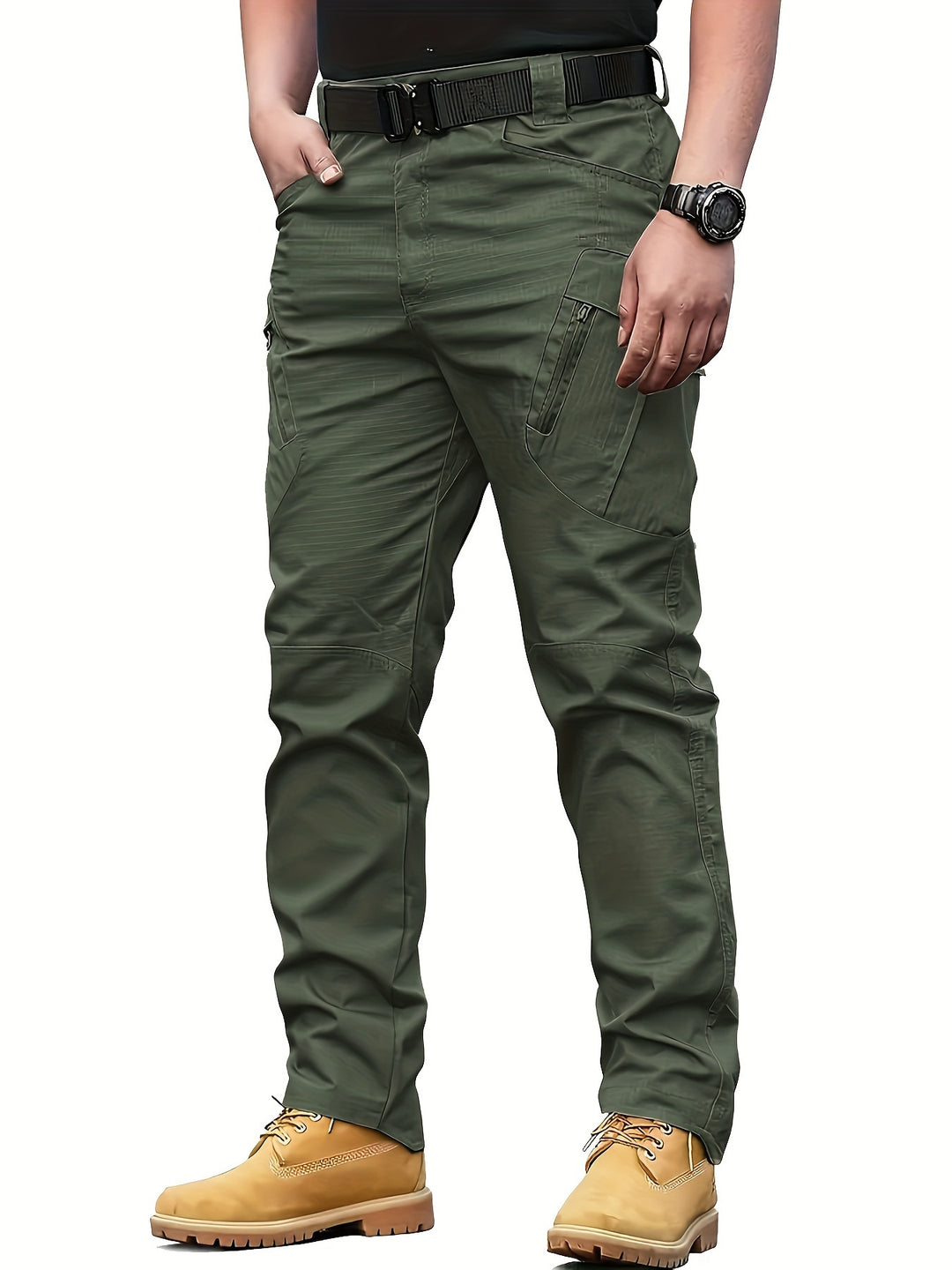 Men's Tactical Pants with Multiple Pockets, Solid Color Polyester, Machine Washable - All Seasons