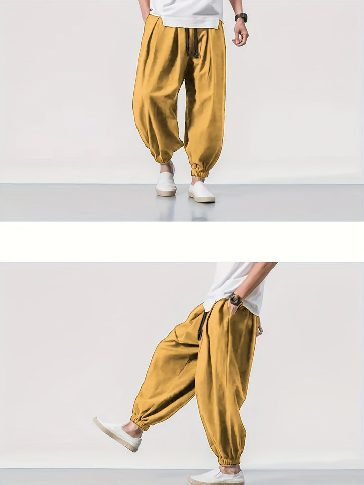 Men's Casual Solid Comfy Harem Pants With Drawstring, Hip Hop Style Trousers For Spring And Autumn