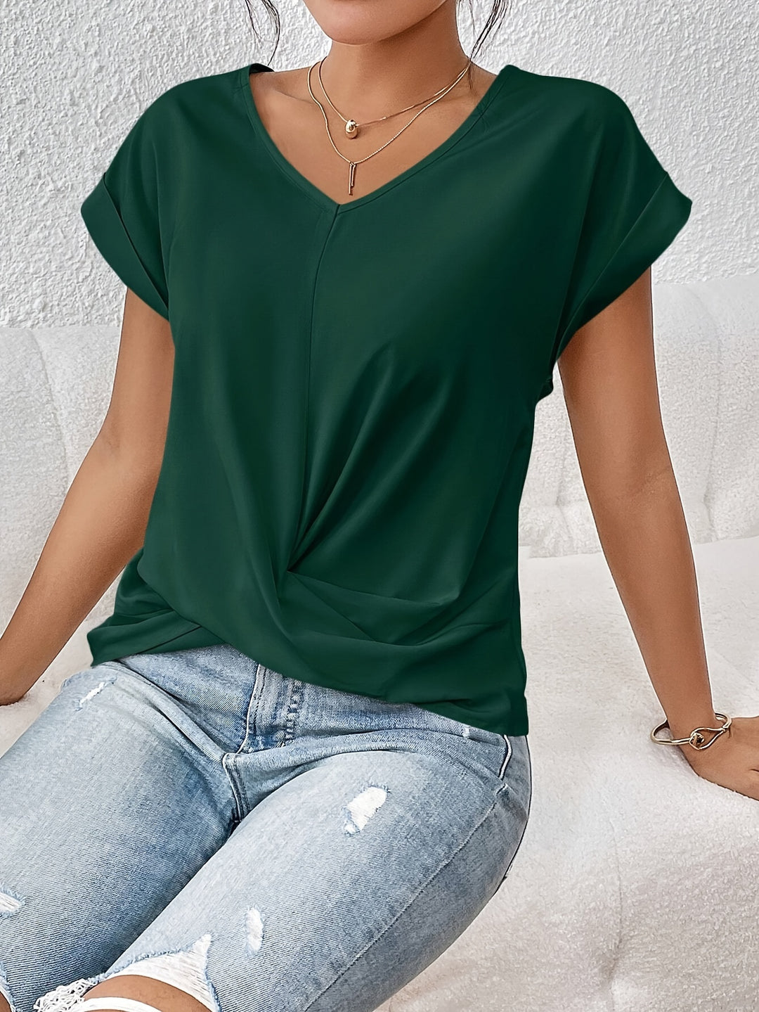 Knot V Neck T-Shirt, Casual Short Sleeve T-Shirt For Spring & Summer, Women's Clothing