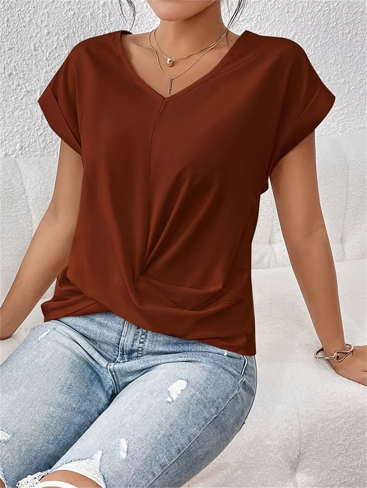 Knot V Neck T-Shirt, Casual Short Sleeve T-Shirt For Spring & Summer, Women's Clothing