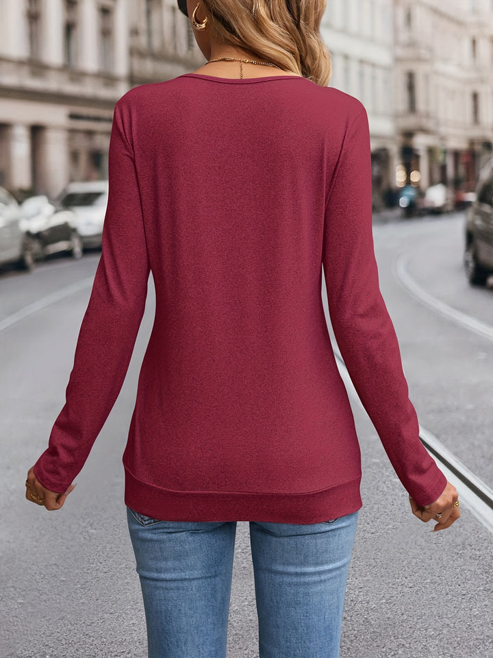 Button Decor V Neck T-Shirt – Women's Long Sleeve