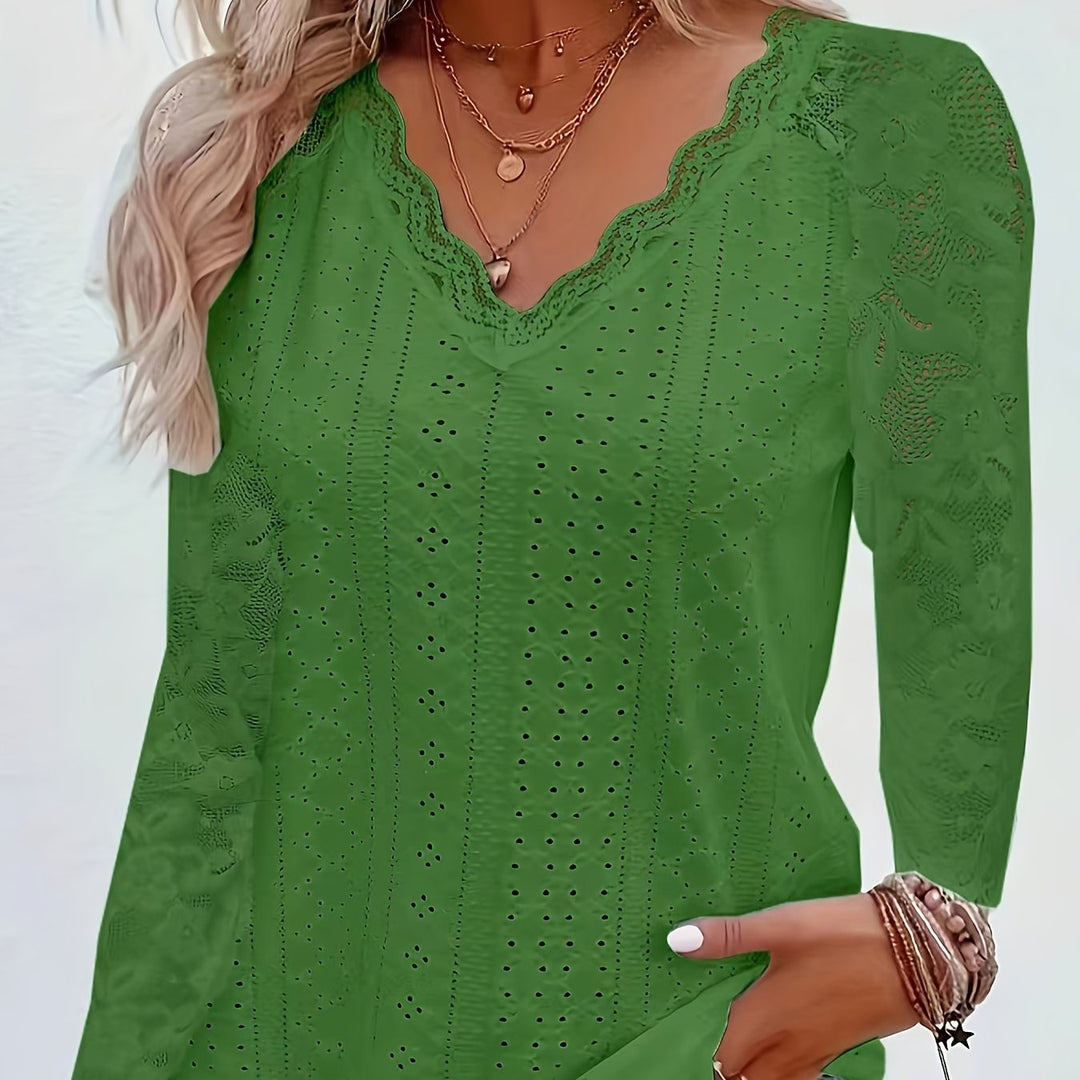 Contrast Lace V-neck Eyelet T-Shirt, Elegant Long Sleeve T-Shirt For Spring & Fall, Women's Clothing